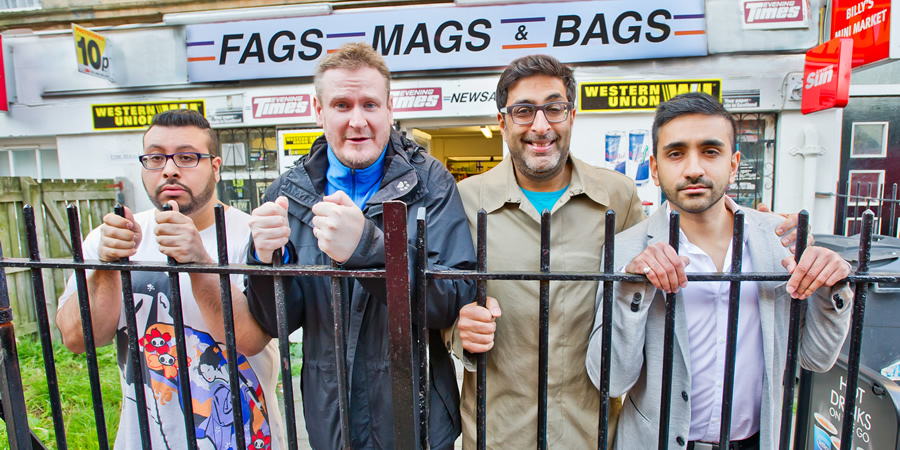 Fags, Mags And Bags. Image shows from L to R: Sanjay (Omar Raza), Dave (Donald Mcleary), Ramesh (Sanjeev Kohli), Alok (Susheel Kumar). Copyright: The Comedy Unit. Fags, Mags And Bags. Image shows from L to R: Sanjay (Omar Raza), Dave (Donald Mcleary), Ramesh (Sanjeev Kohli), Alok (Susheel Kumar). Copyright: The Comedy Unit.
