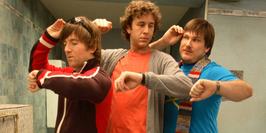 Frequently Asked Questions About Time Travel. Image shows from L to R: Pete (Dean Lennox Kelly), Ray (Chris O'Dowd), Toby (Marc Wootton). Copyright: Doglamp Productions. Frequently Asked Questions About Time Travel. Image shows from L to R: Pete (Dean Lennox Kelly), Ray (Chris O'Dowd), Toby (Marc Wootton). Copyright: Doglamp Productions.