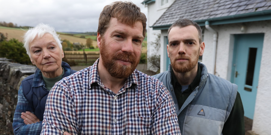 The Farm. Image shows from L to R: Mother (Ann-Louise Ross), Jim MacDonald (Jim Smith), Donnie (Chris Forbes). Copyright: BBC. The Farm. Image shows from L to R: Mother (Ann-Louise Ross), Jim MacDonald (Jim Smith), Donnie (Chris Forbes). Copyright: BBC.