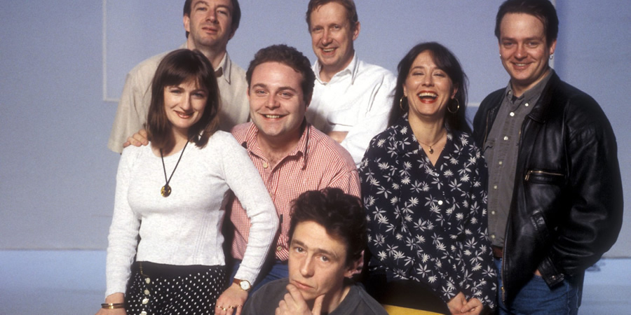 The Fast Show. Image shows from L to R: Caroline Aherne, Simon Day, John Thomson, Mark Williams, Paul Whitehouse, Arabella Weir, Charlie Higson. Copyright: BBC. The Fast Show. Image shows from L to R: Caroline Aherne, Simon Day, John Thomson, Mark Williams, Paul Whitehouse, Arabella Weir, Charlie Higson. Copyright: BBC.