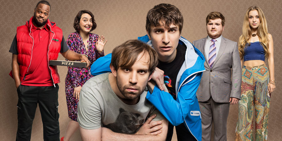 Flat TV. Image shows from L to R: Courier (Javone Prince), Aoife (Rebecca Gethings), Naz (Naz Osmanoglu), Tom (Tom Rosenthal), Mikey (Ethan Lawrence), Sophie (Alicia Scott-Fawcett). Copyright: BBC. Flat TV. Image shows from L to R: Courier (Javone Prince), Aoife (Rebecca Gethings), Naz (Naz Osmanoglu), Tom (Tom Rosenthal), Mikey (Ethan Lawrence), Sophie (Alicia Scott-Fawcett). Copyright: BBC.