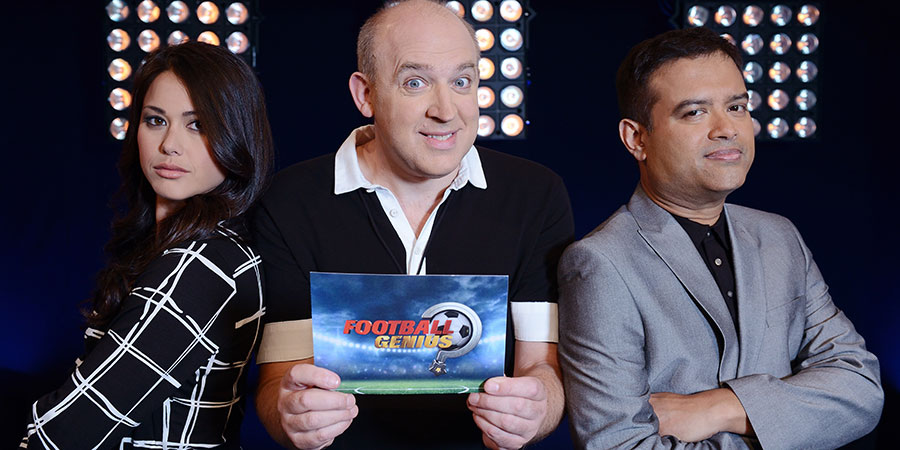 Football Genius. Image shows from L to R: Sam Quek, Tim Vine, Paul Sinha. Copyright: Hat Trick Productions. Football Genius. Image shows from L to R: Sam Quek, Tim Vine, Paul Sinha. Copyright: Hat Trick Productions.