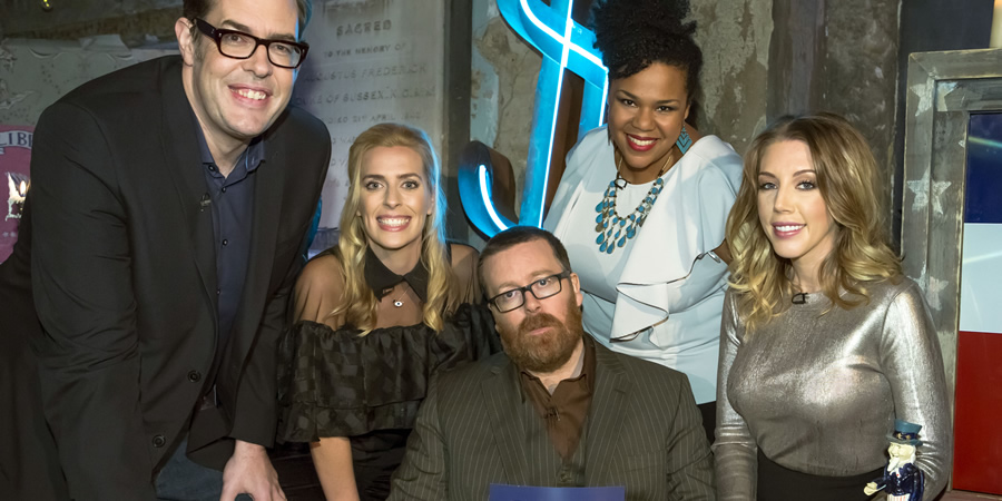 Frankie Boyle's Autopsy. Image shows from L to R: Richard Osman, Sara Pascoe, Frankie Boyle, Desiree Burch, Katherine Ryan. Copyright: Zeppotron. Frankie Boyle's Autopsy. Image shows from L to R: Richard Osman, Sara Pascoe, Frankie Boyle, Desiree Burch, Katherine Ryan. Copyright: Zeppotron.