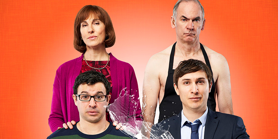 Friday Night Dinner. Image shows from L to R: Jackie (Tamsin Greig), Adam (Simon Bird), Martin (Paul Ritter), Jonny (Tom Rosenthal). Friday Night Dinner. Image shows from L to R: Jackie (Tamsin Greig), Adam (Simon Bird), Martin (Paul Ritter), Jonny (Tom Rosenthal).