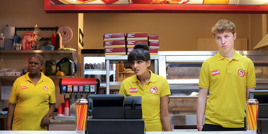 Fried. Image shows from L to R: Shontal (Lorna Gayle), Amara (Mandeep Dhillon), Joe (Will Melling). Copyright: Bwark Productions. Fried. Image shows from L to R: Shontal (Lorna Gayle), Amara (Mandeep Dhillon), Joe (Will Melling). Copyright: Bwark Productions.