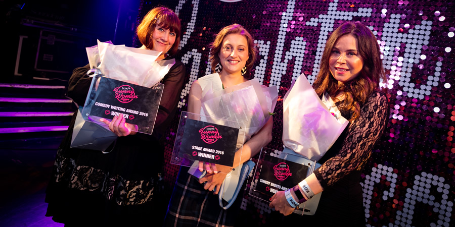 Funny Women Awards 2016. Image shows from L to R: Carol Walsh, Harriet Braine, Carolyn Goodyear. Copyright: Creative by Wren. Funny Women Awards 2016. Image shows from L to R: Carol Walsh, Harriet Braine, Carolyn Goodyear. Copyright: Creative by Wren.