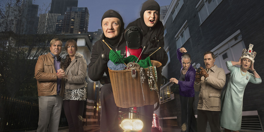 Gangsta Granny. Image shows from L to R: Mike (David Walliams), Linda (Miranda Hart), Granny (Julia McKenzie), Ben (Reece Buttery), Flavio (Robbie Williams), Mr Parker (Rob Brydon), The Queen (Joanna Lumley). Gangsta Granny. Image shows from L to R: Mike (David Walliams), Linda (Miranda Hart), Granny (Julia McKenzie), Ben (Reece Buttery), Flavio (Robbie Williams), Mr Parker (Rob Brydon), The Queen (Joanna Lumley).