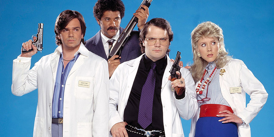 Garth Marenghi's Darkplace. Image shows from L to R: Todd Rivers / Dr. Lucien Sanchez (Matt Berry), Dean Learner / Thornton Reed (Richard Ayoade), Garth Marenghi / Dr. Rick Dagless M.D. (Matthew Holness), Madeleine Wool / Dr. Liz Asher (Alice Lowe). Copyright: Avalon Television. Garth Marenghi's Darkplace. Image shows from L to R: Todd Rivers / Dr. Lucien Sanchez (Matt Berry), Dean Learner / Thornton Reed (Richard Ayoade), Garth Marenghi / Dr. Rick Dagless M.D. (Matthew Holness), Madeleine Wool / Dr. Liz Asher (Alice Lowe). Copyright: Avalon Television.