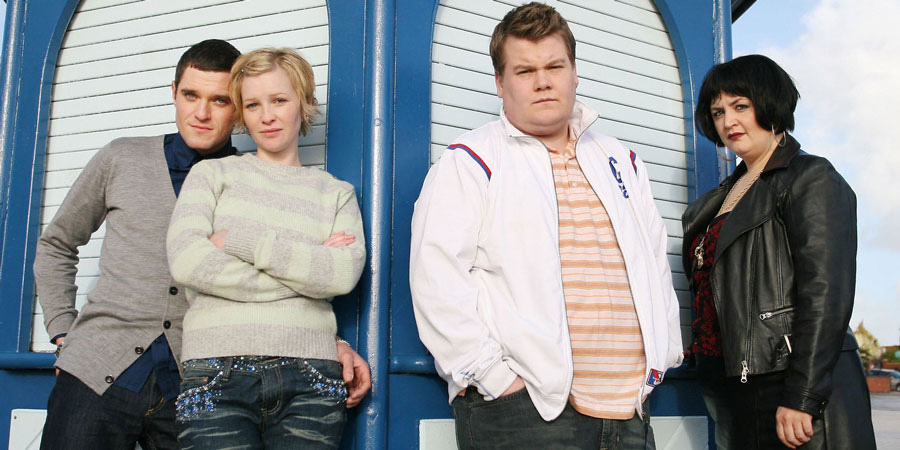 Gavin & Stacey. Image shows from L to R: Gavin (Mathew Horne), Stacey (Joanna Page), Smithy (James Corden), Nessa (Ruth Jones). Copyright: Baby Cow Productions. Gavin & Stacey. Image shows from L to R: Gavin (Mathew Horne), Stacey (Joanna Page), Smithy (James Corden), Nessa (Ruth Jones). Copyright: Baby Cow Productions.