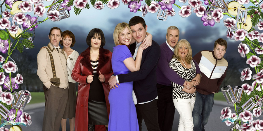 Gavin & Stacey. Image shows from L to R: Bryn (Rob Brydon), Gwen (Melanie Walters), Nessa (Ruth Jones), Stacey (Joanna Page), Gavin (Mathew Horne), Mick (Larry Lamb), Pam (Alison Steadman), Smithy (James Corden). Copyright: Baby Cow Productions. Gavin & Stacey. Image shows from L to R: Bryn (Rob Brydon), Gwen (Melanie Walters), Nessa (Ruth Jones), Stacey (Joanna Page), Gavin (Mathew Horne), Mick (Larry Lamb), Pam (Alison Steadman), Smithy (James Corden). Copyright: Baby Cow Productions.