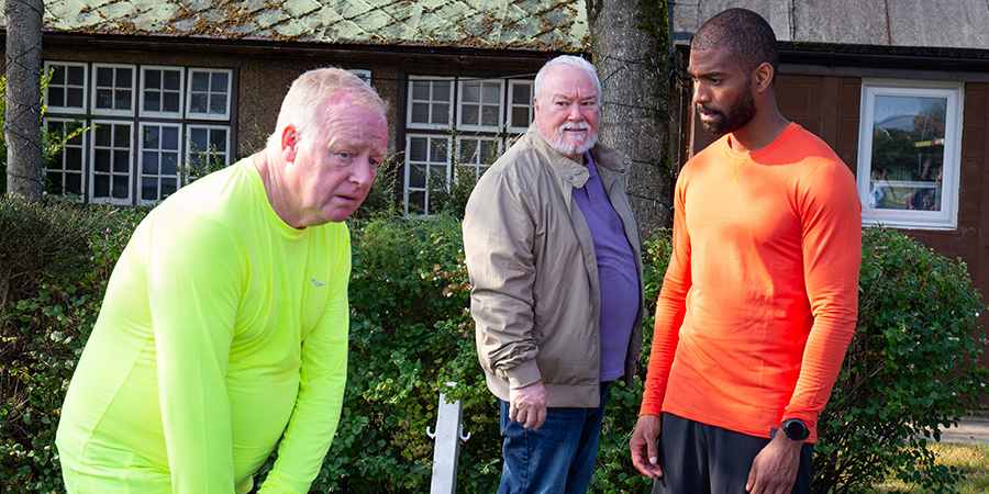 Moving On: Get Fit Or Try Lying. Image shows from L to R: Joe (Les Dennis), Shaun (Michael Starke), Brandon (Aaron Cobham). Moving On: Get Fit Or Try Lying. Image shows from L to R: Joe (Les Dennis), Shaun (Michael Starke), Brandon (Aaron Cobham).