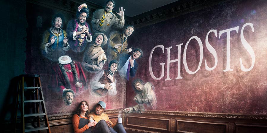 Ghosts. Image shows from L to R: Mary (Katy Wix), Humphrey (Laurence Rickard), Kitty (Lolly Adefope), Alison (Charlotte Ritchie), Lady Button (Martha Howe-Douglas), Mike (Kiell Smith-Bynoe), Pat (Jim Howick), Thomas (Mathew Baynton), Captain (Ben Willbond), Julian (Simon Farnaby), Unknown. Copyright: Monumental Pictures. Ghosts. Image shows from L to R: Mary (Katy Wix), Humphrey (Laurence Rickard), Kitty (Lolly Adefope), Alison (Charlotte Ritchie), Lady Button (Martha Howe-Douglas), Mike (Kiell Smith-Bynoe), Pat (Jim Howick), Thomas (Mathew Baynton), Captain (Ben Willbond), Julian (Simon Farnaby), Unknown. Copyright: Monumental Pictures.
