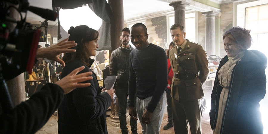 Ghosts. Image shows from L to R: Alison (Charlotte Ritchie), Unknown, Mike (Kiell Smith-Bynoe), Captain (Ben Willbond), Lady Button (Martha Howe-Douglas). Copyright: Monumental Pictures. Ghosts. Image shows from L to R: Alison (Charlotte Ritchie), Unknown, Mike (Kiell Smith-Bynoe), Captain (Ben Willbond), Lady Button (Martha Howe-Douglas). Copyright: Monumental Pictures.