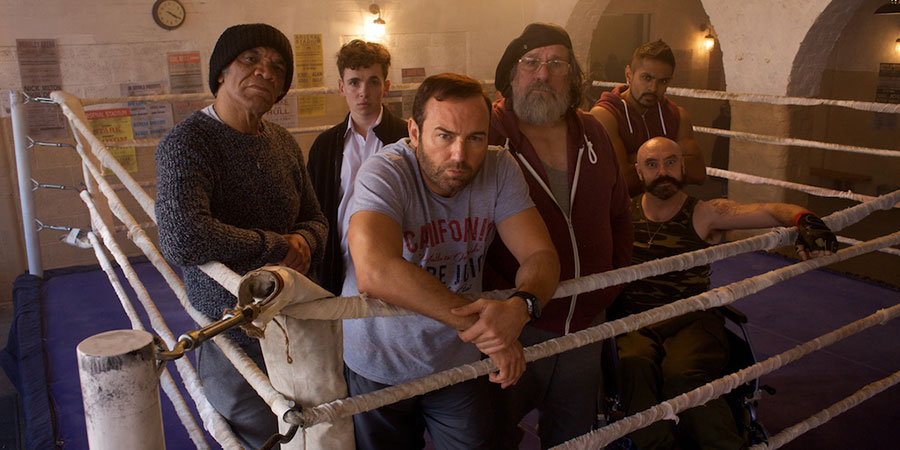 Gloves Off. Image shows from L to R: Albert (Paul Barber), Donny (Laurie Kynaston), Douglas (Brad Moore), Mick (Ricky Tomlinson), Riz (Kab Silva), Davros (Gary Cargill). Gloves Off. Image shows from L to R: Albert (Paul Barber), Donny (Laurie Kynaston), Douglas (Brad Moore), Mick (Ricky Tomlinson), Riz (Kab Silva), Davros (Gary Cargill).