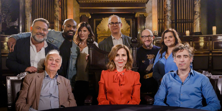 Britain's Greatest Comedian. Image shows from L to R: John Thomson, Roy Hudd, Darren Harriott, Ronni Ancona, David Quantick, Sally Phillips, Boyd Hilton, Nina Wadia, Stephen Mangan. Copyright: Crook Productions. Britain's Greatest Comedian. Image shows from L to R: John Thomson, Roy Hudd, Darren Harriott, Ronni Ancona, David Quantick, Sally Phillips, Boyd Hilton, Nina Wadia, Stephen Mangan. Copyright: Crook Productions.