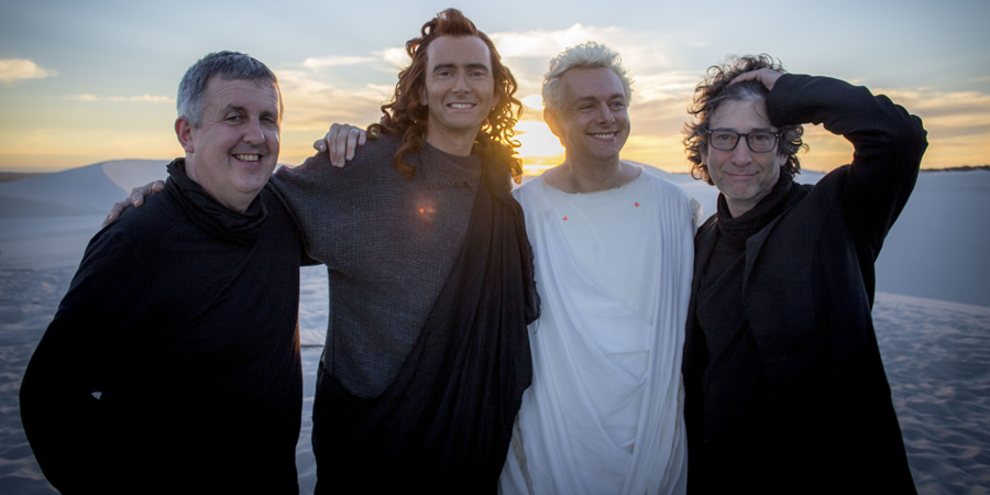 Good Omens. Image shows from L to R: Douglas Mackinnon, Crowley (David Tennant), Aziraphale (Michael Sheen), Neil Gaiman. Good Omens. Image shows from L to R: Douglas Mackinnon, Crowley (David Tennant), Aziraphale (Michael Sheen), Neil Gaiman.