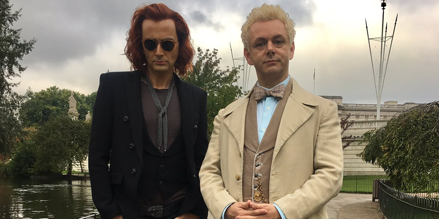 Good Omens. Image shows from L to R: Crowley (David Tennant), Aziraphale (Michael Sheen). Good Omens. Image shows from L to R: Crowley (David Tennant), Aziraphale (Michael Sheen).
