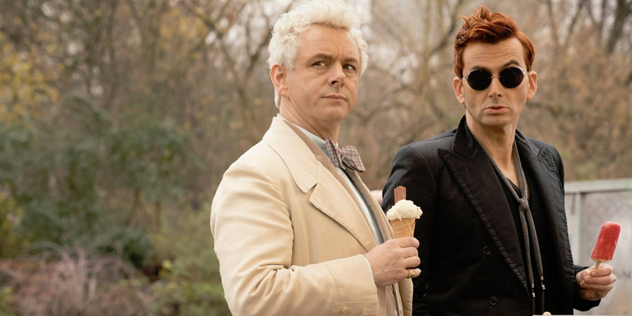 Good Omens. Image shows from L to R: Aziraphale (Michael Sheen), Crowley (David Tennant). Good Omens. Image shows from L to R: Aziraphale (Michael Sheen), Crowley (David Tennant).
