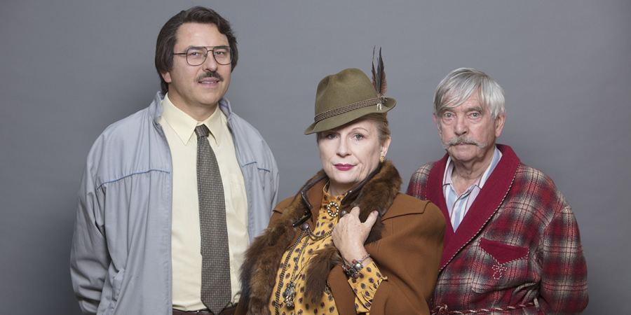 Grandpa's Great Escape. Image shows from L to R: Barry (David Walliams), Miss Dandy (Jennifer Saunders), Grandpa (Tom Courtenay). Copyright: King Bert Productions. Grandpa's Great Escape. Image shows from L to R: Barry (David Walliams), Miss Dandy (Jennifer Saunders), Grandpa (Tom Courtenay). Copyright: King Bert Productions.