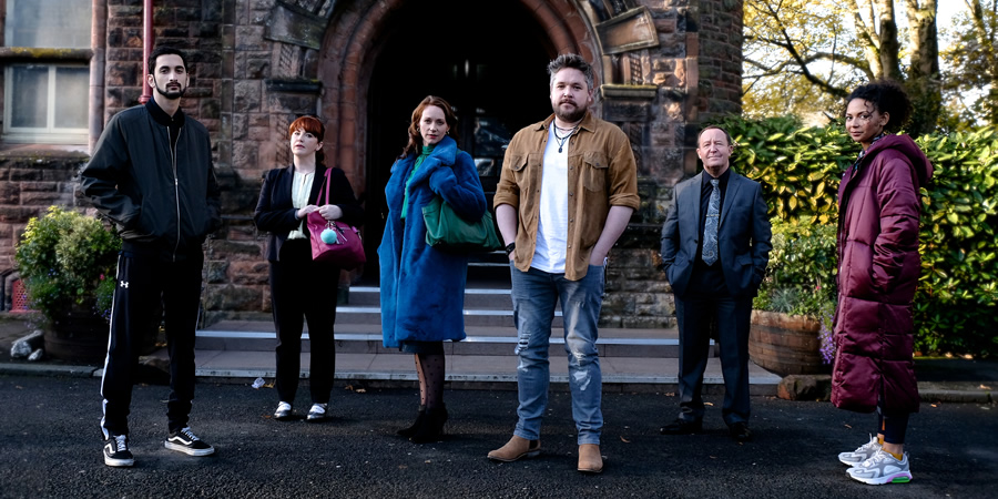 Group. Image shows from L to R: Tony (Bhav Joshi), Steph (Sally Reid), Nell (Lucianne McEvoy), Rob (Grant O'Rourke), Billy (Jonathan Watson), Carly (Lois Chimimba). Copyright: Pirate Productions. Group. Image shows from L to R: Tony (Bhav Joshi), Steph (Sally Reid), Nell (Lucianne McEvoy), Rob (Grant O'Rourke), Billy (Jonathan Watson), Carly (Lois Chimimba). Copyright: Pirate Productions.
