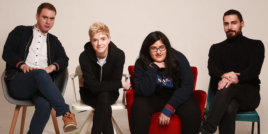 GrownUpLand. Image shows from L to R: Ned Sedgwick, Mae Martin, Bisha K Ali, Steve Ali. Copyright: BBC. GrownUpLand. Image shows from L to R: Ned Sedgwick, Mae Martin, Bisha K Ali, Steve Ali. Copyright: BBC.