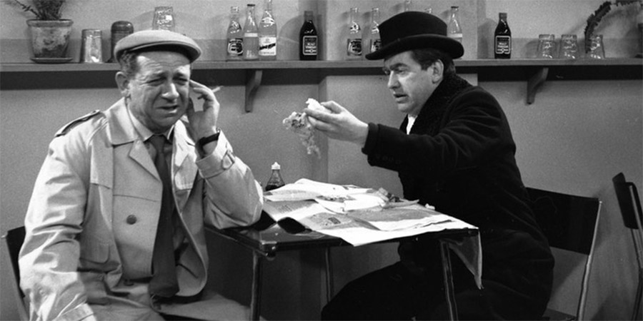 Hancock's Half Hour. Image shows from L to R: Sidney Balmoral James (Sid James), Anthony Aloysius St John Hancock (Tony Hancock). Copyright: BBC. Hancock's Half Hour. Image shows from L to R: Sidney Balmoral James (Sid James), Anthony Aloysius St John Hancock (Tony Hancock). Copyright: BBC.