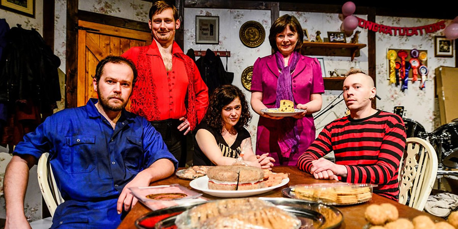 The Harri-Parris' Radio Show. Image shows from L to R: Ifan (Dan Rochford), Deiniol (Rhys Ap Trefor), Anni (Llinos Mai), Mami (Rhian Morgan), Ben (Oliver Wood). Copyright: BBC. The Harri-Parris' Radio Show. Image shows from L to R: Ifan (Dan Rochford), Deiniol (Rhys Ap Trefor), Anni (Llinos Mai), Mami (Rhian Morgan), Ben (Oliver Wood). Copyright: BBC.