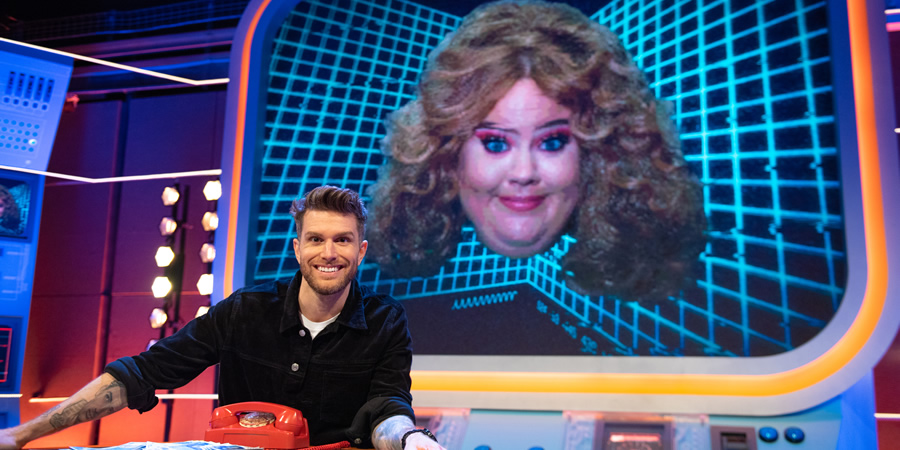 Hey Tracey!. Image shows from L to R: Joel Dommett, Tracey (Donna Preston). Hey Tracey!. Image shows from L to R: Joel Dommett, Tracey (Donna Preston).