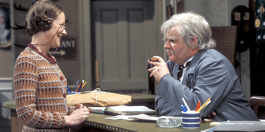 His Lordship Entertains. Image shows from L to R: Mildred Bates (Josephine Tewson), Lord Rustless (Ronnie Barker). Copyright: BBC. His Lordship Entertains. Image shows from L to R: Mildred Bates (Josephine Tewson), Lord Rustless (Ronnie Barker). Copyright: BBC.