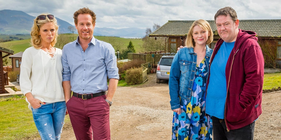 Home From Home. Image shows from L to R: Penny Dillon (Emilia Fox), Robert Dillon (Adam James), Fiona Hackett (Joanna Page), Neil Hackett (Johnny Vegas). Copyright: BBC. Home From Home. Image shows from L to R: Penny Dillon (Emilia Fox), Robert Dillon (Adam James), Fiona Hackett (Joanna Page), Neil Hackett (Johnny Vegas). Copyright: BBC.