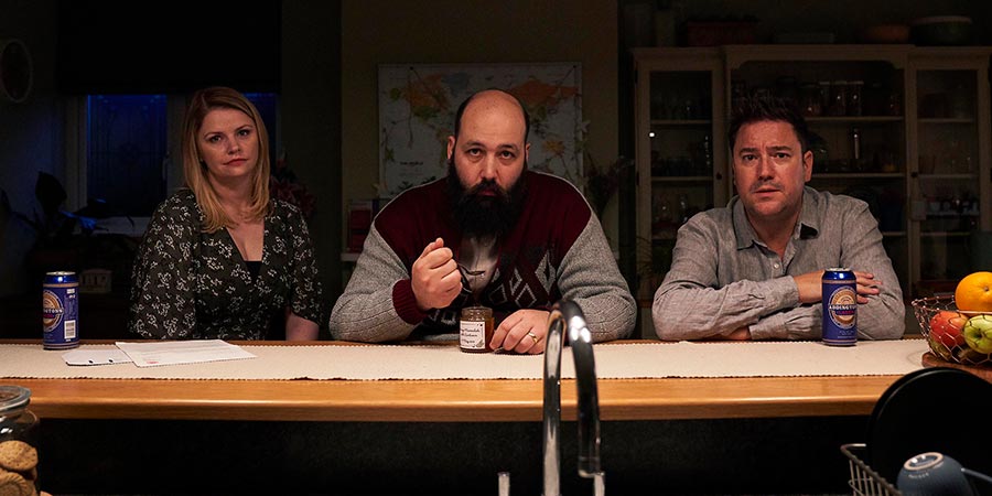 Home. Image shows from L to R: Katy (Rebekah Staton), Sami (Youssef Kerkour), Peter (Rufus Jones). Copyright: Channel X. Home. Image shows from L to R: Katy (Rebekah Staton), Sami (Youssef Kerkour), Peter (Rufus Jones). Copyright: Channel X.