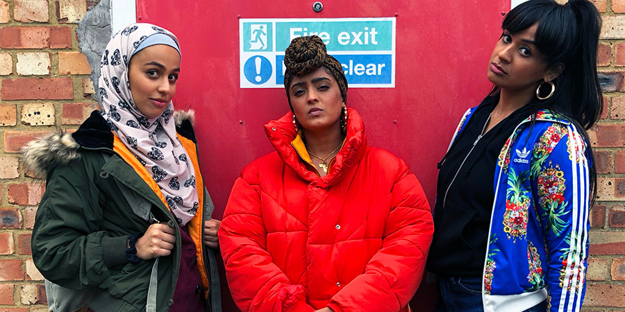 Hounslow Diaries. Image shows from L to R: Shaheeda (Ambreen Razia), Tash (Mandeep Dhillon), Leonie (Robyn Cara). Copyright: CPL Productions. Hounslow Diaries. Image shows from L to R: Shaheeda (Ambreen Razia), Tash (Mandeep Dhillon), Leonie (Robyn Cara). Copyright: CPL Productions.