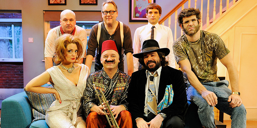 House Of Fools. Image shows from L to R: Ben Gunn (Frank Harper), Julie (Morgana Robinson), Bob (Bob Mortimer), Vic (Vic Reeves), Beef (Matt Berry), Erik (Daniel Simonsen), Bosh (Dan Skinner). Copyright: BBC / Pett Productions. House Of Fools. Image shows from L to R: Ben Gunn (Frank Harper), Julie (Morgana Robinson), Bob (Bob Mortimer), Vic (Vic Reeves), Beef (Matt Berry), Erik (Daniel Simonsen), Bosh (Dan Skinner). Copyright: BBC / Pett Productions.