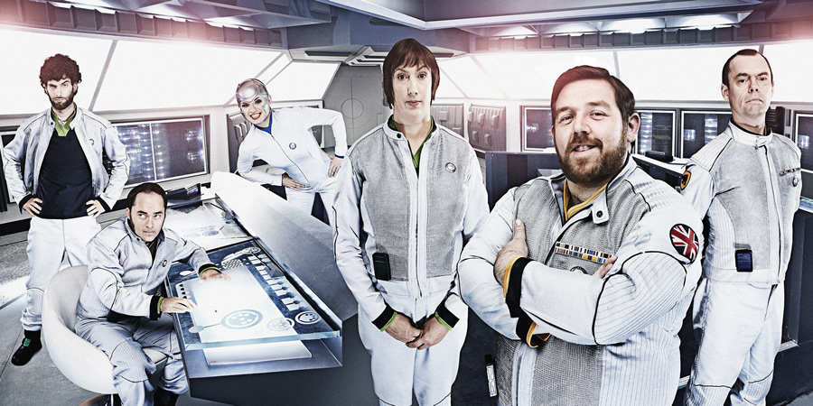 Hyperdrive. Image shows from L to R: Technical Officer Jeffers (Dan Antopolski), Navigator Vine (Stephen Evans), Pilot Sandstrom (Petra Massey), Diplomatic Officer Teal (Miranda Hart), Commander Henderson (Nick Frost), First Officer York (Kevin Eldon). Copyright: BBC. Hyperdrive. Image shows from L to R: Technical Officer Jeffers (Dan Antopolski), Navigator Vine (Stephen Evans), Pilot Sandstrom (Petra Massey), Diplomatic Officer Teal (Miranda Hart), Commander Henderson (Nick Frost), First Officer York (Kevin Eldon). Copyright: BBC.