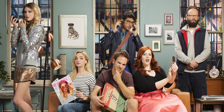 I Live With Models. Image shows from L to R: Molly (Kamilla Alnes), Scarlet (Brianne Howey), Tommy (David Hoffman), Marshall (Karan Soni), Jess (Lydia Rose Bewley), Seth (Alex Beckett). Copyright: Roughcut Television. I Live With Models. Image shows from L to R: Molly (Kamilla Alnes), Scarlet (Brianne Howey), Tommy (David Hoffman), Marshall (Karan Soni), Jess (Lydia Rose Bewley), Seth (Alex Beckett). Copyright: Roughcut Television.