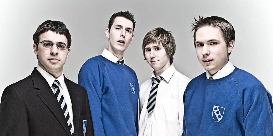 The Inbetweeners. Image shows from L to R: Will Mackenzie (Simon Bird), Neil Sutherland (Blake Harrison), Jay Cartwright (James Buckley), Simon Cooper (Joe Thomas). Copyright: Bwark Productions. The Inbetweeners. Image shows from L to R: Will Mackenzie (Simon Bird), Neil Sutherland (Blake Harrison), Jay Cartwright (James Buckley), Simon Cooper (Joe Thomas). Copyright: Bwark Productions.