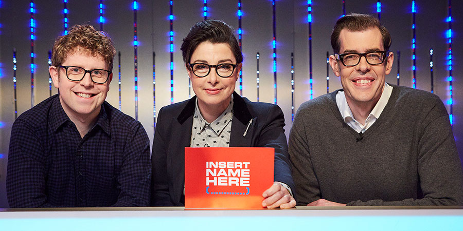 Insert Name Here. Image shows from L to R: Josh Widdicombe, Sue Perkins, Richard Osman. Copyright: 12 Yard Productions. Insert Name Here. Image shows from L to R: Josh Widdicombe, Sue Perkins, Richard Osman. Copyright: 12 Yard Productions.