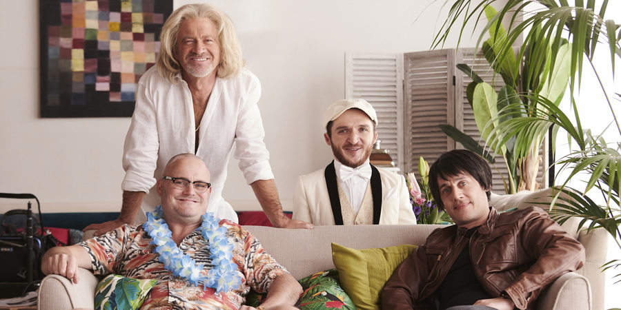 Island Of Dreams. Image shows from L to R: Gregg Wallace (Al Murray), Sir Richard Branson (Harry Enfield), Baboo (Leigh Gill), Brian Cox (Dustin Demri-Burns). Copyright: Genial Productions. Island Of Dreams. Image shows from L to R: Gregg Wallace (Al Murray), Sir Richard Branson (Harry Enfield), Baboo (Leigh Gill), Brian Cox (Dustin Demri-Burns). Copyright: Genial Productions.