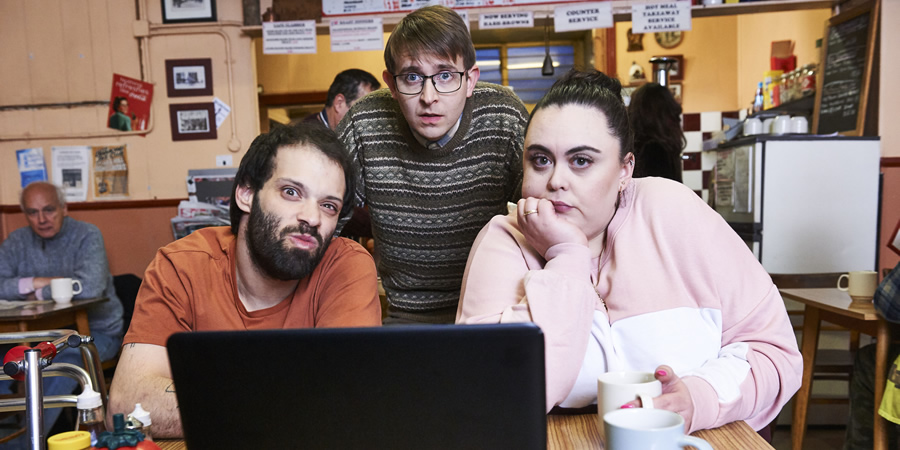 Jerk. Image shows from L to R: Tim (Tim Renkow), Idris (Rob Madin), Ruth (Sharon Rooney). Jerk. Image shows from L to R: Tim (Tim Renkow), Idris (Rob Madin), Ruth (Sharon Rooney).