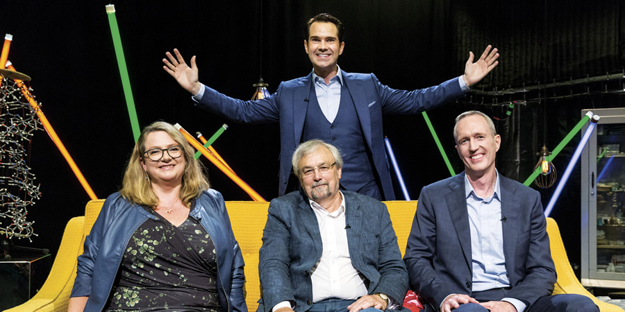 Jimmy Carr & The Science Of Laughter: A Horizon Special. Image shows from L to R: Sophie Scott, Robin Dunbar, Jimmy Carr, Peter McGraw. Copyright: BBC. Jimmy Carr & The Science Of Laughter: A Horizon Special. Image shows from L to R: Sophie Scott, Robin Dunbar, Jimmy Carr, Peter McGraw. Copyright: BBC.