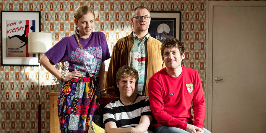 Josh. Image shows from L to R: Kate (Beattie Edmondson), Josh (Josh Widdicombe), Geoff (Jack Dee), Owen (Elis James). Copyright: BBC. Josh. Image shows from L to R: Kate (Beattie Edmondson), Josh (Josh Widdicombe), Geoff (Jack Dee), Owen (Elis James). Copyright: BBC.