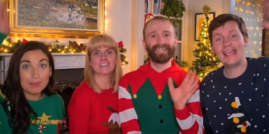 Just These Please - 12 Days Of Christmas. Image shows from L to R: Philippa Carson, Georgie Jones, William Sebag-Montefiore, Tom Dickson. Just These Please - 12 Days Of Christmas. Image shows from L to R: Philippa Carson, Georgie Jones, William Sebag-Montefiore, Tom Dickson.