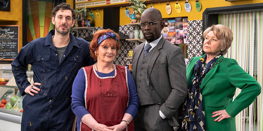 Kate & Koji. Image shows from L to R: 'Medium' Dan (Blake Harrison), Kate (Brenda Blethyn), Koji (Jimmy Akingbola), Councillor Bone (Barbara Flynn). Copyright: Hat Trick Productions. Kate & Koji. Image shows from L to R: 'Medium' Dan (Blake Harrison), Kate (Brenda Blethyn), Koji (Jimmy Akingbola), Councillor Bone (Barbara Flynn). Copyright: Hat Trick Productions.