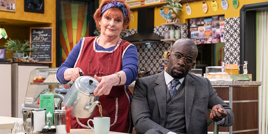Kate & Koji. Image shows from L to R: Kate (Brenda Blethyn), Koji (Jimmy Akingbola). Copyright: Hat Trick Productions. Kate & Koji. Image shows from L to R: Kate (Brenda Blethyn), Koji (Jimmy Akingbola). Copyright: Hat Trick Productions.