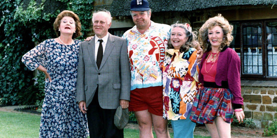Keeping Up Appearances. Image shows from L to R: Hyacinth Bucket (Patricia Routledge), Richard Bucket (Clive Swift), Onslow (Geoffrey Hughes), Daisy (Judy Cornwell), Rose (Mary Millar). Copyright: BBC. Keeping Up Appearances. Image shows from L to R: Hyacinth Bucket (Patricia Routledge), Richard Bucket (Clive Swift), Onslow (Geoffrey Hughes), Daisy (Judy Cornwell), Rose (Mary Millar). Copyright: BBC.