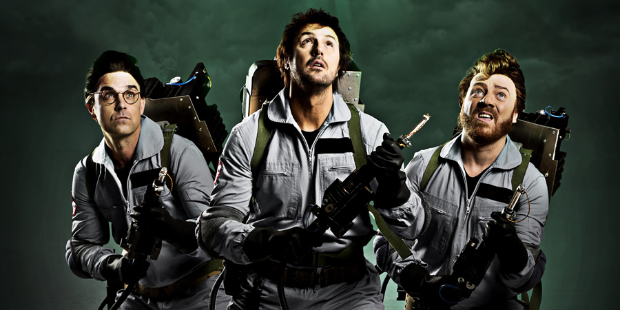 The Keith & Paddy Picture Show. Image shows from L to R: Egon (Robbie Williams), Venkman (Paddy McGuinness), Stantz (Leigh Francis). Copyright: Talkback. The Keith & Paddy Picture Show. Image shows from L to R: Egon (Robbie Williams), Venkman (Paddy McGuinness), Stantz (Leigh Francis). Copyright: Talkback.