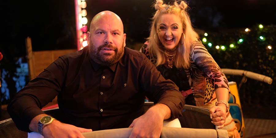 'King Gary. Image shows from L to R: Gary King (Tom Davis), Terri King (Laura Checkley). Copyright: Shiny Button Productions. 'King Gary. Image shows from L to R: Gary King (Tom Davis), Terri King (Laura Checkley). Copyright: Shiny Button Productions.