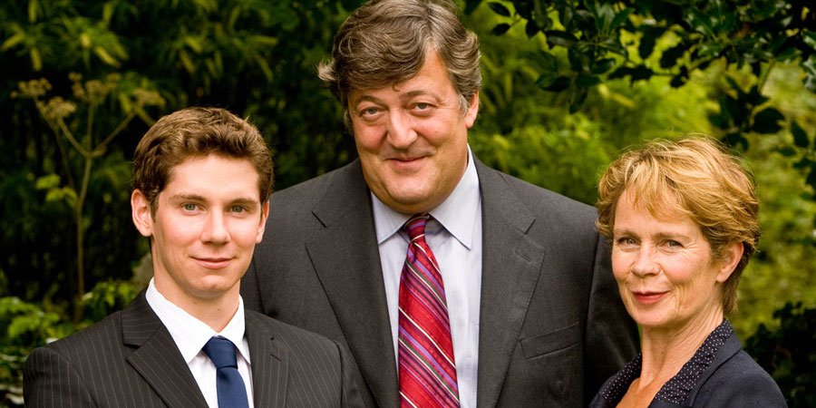 Kingdom. Image shows from L to R: Lyle (Karl Davies), Peter Kingdom (Stephen Fry), Gloria (Celia Imrie). Copyright: Sprout Pictures / Parallel Film & Television Productions. Kingdom. Image shows from L to R: Lyle (Karl Davies), Peter Kingdom (Stephen Fry), Gloria (Celia Imrie). Copyright: Sprout Pictures / Parallel Film & Television Productions.