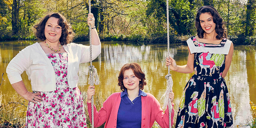 The Larkins. Image shows from L to R: Ma Larkin (Joanna Scanlan), Primrose Larkin (Lydia Page), Mariette Larkin (Sabrina Bartlett). The Larkins. Image shows from L to R: Ma Larkin (Joanna Scanlan), Primrose Larkin (Lydia Page), Mariette Larkin (Sabrina Bartlett).