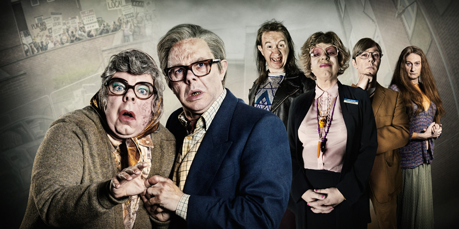 The League Of Gentlemen. Image shows from L to R: Tubbs (Steve Pemberton), Edward (Reece Shearsmith), Mickey (Mark Gatiss), Pauline (Steve Pemberton), Ross (Reece Shearsmith), Auntie Val (Mark Gatiss). Copyright: BBC. The League Of Gentlemen. Image shows from L to R: Tubbs (Steve Pemberton), Edward (Reece Shearsmith), Mickey (Mark Gatiss), Pauline (Steve Pemberton), Ross (Reece Shearsmith), Auntie Val (Mark Gatiss). Copyright: BBC.